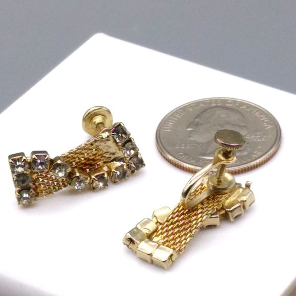 Vintage Mesh Earrings With Crystal Channel Overlay, Sparkly Retro Gold Tone - Picture 4 of 4